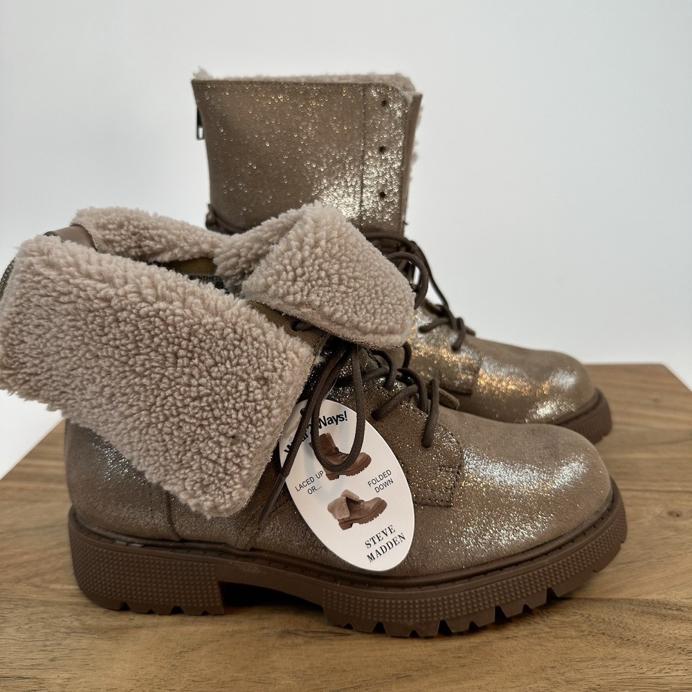 New Big Kids Steve Madden Taupe GUNNER Ankle Combat Winter boot Fur Size 3